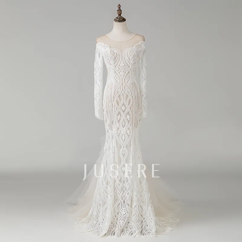 Latest Mermaid Wedding Dresses Long Sleeves Illusion Scoop Bridal Gowns Beaded Lace Wedding Gowns Tulle Train