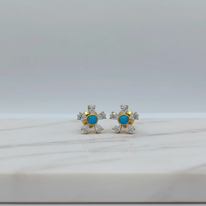 Stylish Designer Jewellery for Women Daily Wear Elegant Gold Flower <b>Stud</b> <b>Earrings</b> with <b>Blue</b> Stone Center and Diamond Petals - Product Image 2