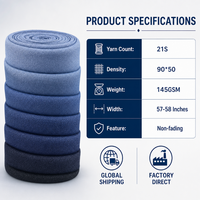 Tissu denim bleu indigo en coton léger, non décolorant, sans lavage, 21S 145GSM 90*50