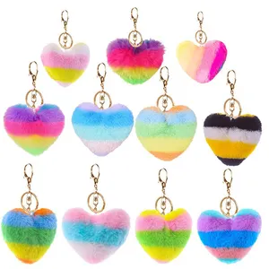 Fashion Crystal LOVE Heart Rhinestone fur Keychains Cute Pom Pom Keychain pompom balls For Women bag Puff Ball Key Chain