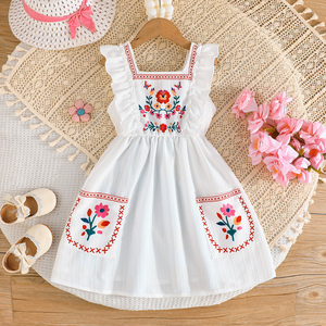 Elegant <b>White</b> Princess Dress for Girls 2-8 Years Summer Fashionable Kids Clothing With <b>Lace</b> Sleeves Printed Flower for Parties - Product Image 1
