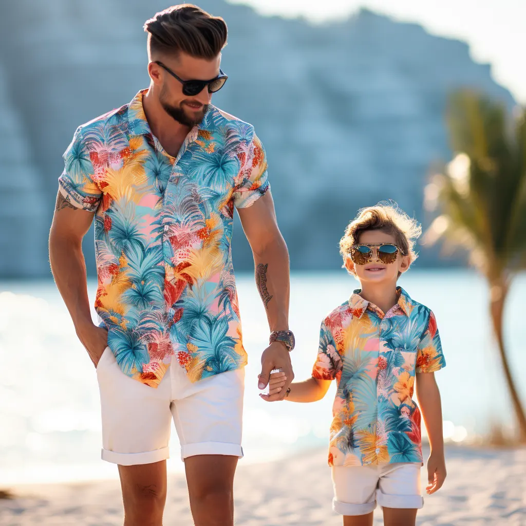 カスタムカジュアルスーツサマーメンズ服ハワイアンシャツとショーツセットビーチウェア父と息子ハワイスーツ
