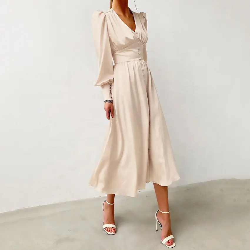 2021 spring new satin dress female design sense lantern sleeves waist slimming slim long skirt