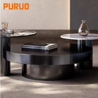 Table Basse Ronde en Verre et Marbre, Design Italien de Luxe, Base Métallique Ondulée Noire et Dorée, Forme Irrégulière, Ensemble de Tables d'Appoint – Offre Spéciale