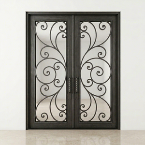 Royal Luxury Rust-resistant Wrought Iron Main Door Geometric Patterned Glass Panels Minimalist <b>Swing</b> Design Easy-to-Assemble - Product Image 1
