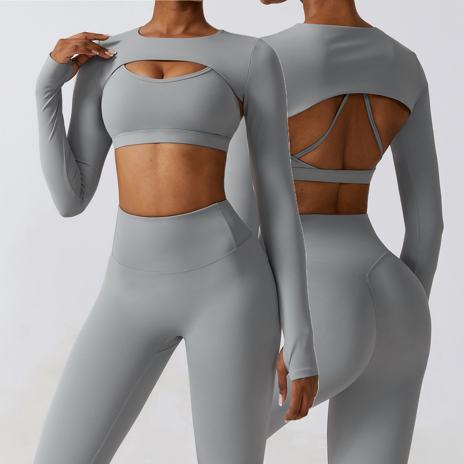 Custom Logo Yoga Suit Wear 3piece Bra Shawl Jacket Leggings Woman Gym Fitness Set