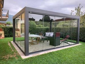 Pergola Bioclimatica Moderna in Alluminio per Esterni con Tetto Lamellare e Porta Scorrevole in <span class=keywords><strong>Vetro</strong></span> - Product Image 5