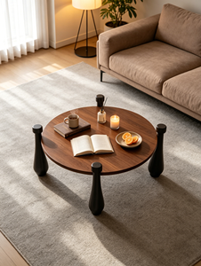 Modern Wood <b>Coffee</b> <b>Table</b> Minimalist Design Round Top Black <b>Legs</b> Living Room Furniture - Product Image 1