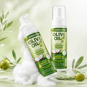 Custom Olive Oil Wrap Seting Mousse With <b>Coconut</b> Oil For Shine Hold Fast Drying And No <b>Flaking</b> 207ml - Product Image 1