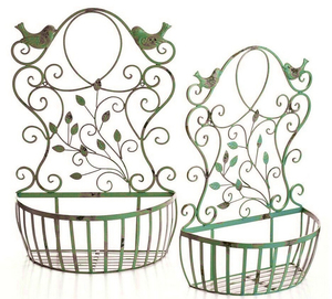 Oniya-Lot de 2 jardinières murales en métal vert vintage, support de pot de fleurs rustique pour <span class=keywords><strong>extérieur</strong></span> succulent avec décor d'oiseau - Product Image 1