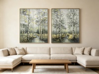 Peinture à l'huile sur toile représentant un paysage de forêt de bouleaux texturés, avec feuille d'or et d'argent, pour la décoration de la maison et des hôtels
