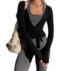 OEM Hot Selling Luxury Fashionable Side Tie Rope Ballet <b>Wrap</b> Top Deep V-<b>neck</b> Yoga Fitness Gym Wear Breathable Skinny Fit Stylish - Product Image 3