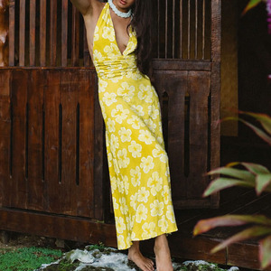 Vestido largo bohemio sin tirantes de diseño de alta calidad, con estampado lujoso, personalizado, de rayón transpirable. - Product Image 4