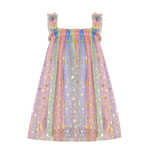 Vestito da Festa per Bambine Estivo Traspirante Ecologico con Paillettes Arcobaleno Sfumato Stampa Stelle in Tulle Stile A-Line ODM da Fata <span class=keywords><strong>Principessa</strong></span> - Product Image 2