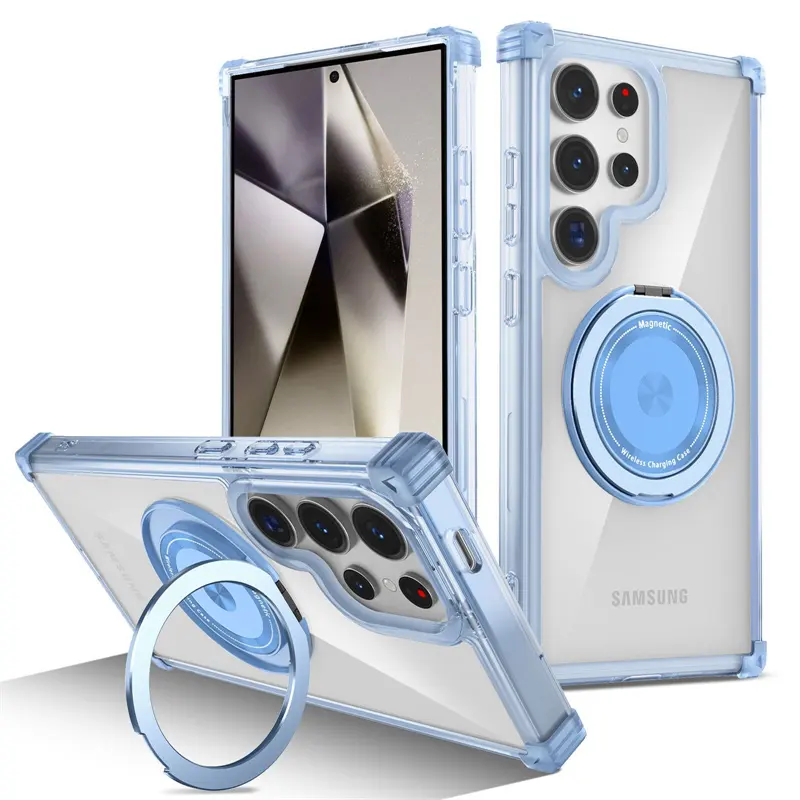 Manyetik Stand tutucu halka şeffaf Samsung kılıfı Galaxy S24 Ultra S24 + S24 artı S 24 kablosuz şarj temizle vaka