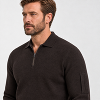 Polo tricoté pour homme, coupe ajustée, décontracté et professionnel, à manches longues, col zippé quart, col rabattu, avec empiècements côtelés aux coudes, uni, personnalisé, collection automne