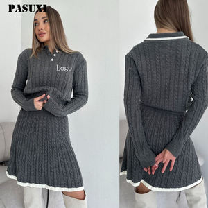 PASUXI Nuovo Set Due Pezzi in Maglia Tinta Unita alla Moda per Donna Maglione a Maniche Lunghe con Bottoni e Gonna Corta Completo Casual - Product Image 1