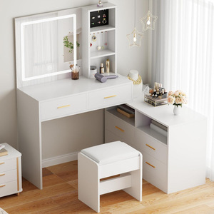 Coiffeuse blanche personnalisée en L avec miroir LED <span class=keywords><strong>et</strong></span> éclairage, 6 tiroirs, tabouret <span class=keywords><strong>et</strong></span> rangement pour bijoux - Product Image 1