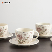 Ensemble Porcelaine Thé Café Classique Franco-Britannique Motif Fleurs et Oiseaux 1 Tasse 1 Soucoupe 250ml Lavable au Lave-Vaisselle Cadeau de Luxe