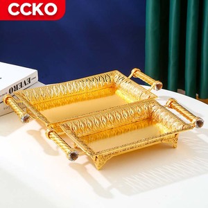 39cm 호텔 레스토랑 장식 트레이 골드 핸들 금속 서빙 트레이 세트 고급 파티 잡초 디저트 과일 식품 트레이 - Product Image 3