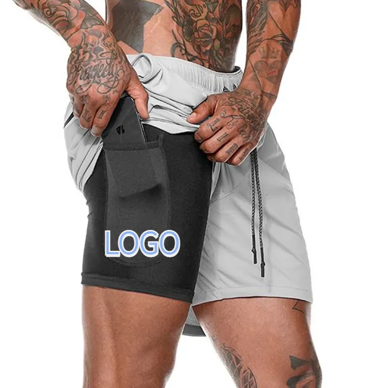 Athletic Wear Mens 2 in 1 Polyester GYM Shorts Blank Basketball Training Fitness Sport Sweat Shorts With Pocket