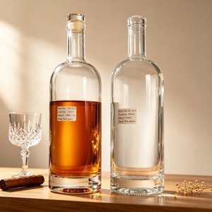Botella de Vidrio Redonda Personalizada de 187ml, 500ml, 750ml con Corcho para Licores, Mezcal, <span class=keywords><strong>Bourbon</strong></span>, Whisky, Vodka, Tequila, Brandy, Ginebra - Product Image 1