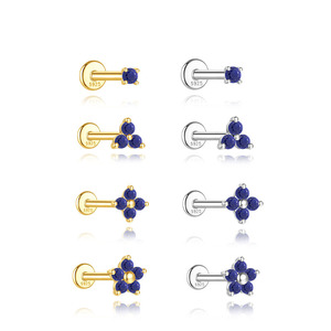 Boucles d'oreilles clous en argent sterling S925 de haute qualité, motif fleur, lapis-lazuli naturel, tête plate, design tendance et à la mode - Product Image 1