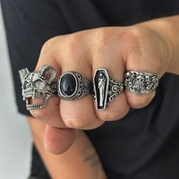 Bague Cercueil Rétro Gothique Crâne Chèvre pour Hommes, Bagues Main de Squelette Tendance Punk, Bijoux de Fête