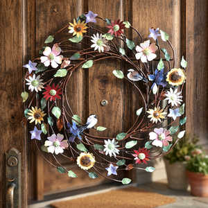 Corona Floral Metálica Hecha a Mano, Redonda, Rústica, Decorativa, con Flores, Sin Iluminación, Paquete Individual - Product Image 3