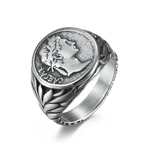 欧美风格罗马帝国凯撒不锈钢戒指复古硬币凯撒头像潮人手链