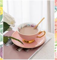 Ensemble de tasses à thé et à café en porcelaine céramique de luxe britannique, écologiques, à motifs floraux, avec poignée dorée et soucoupe