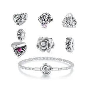 Jilina 925 Sterling Silver Retro Heart Box Charm Vintage Rose Flower Bead For Women Bracelet Accessory Anniversary Jewelry Gift