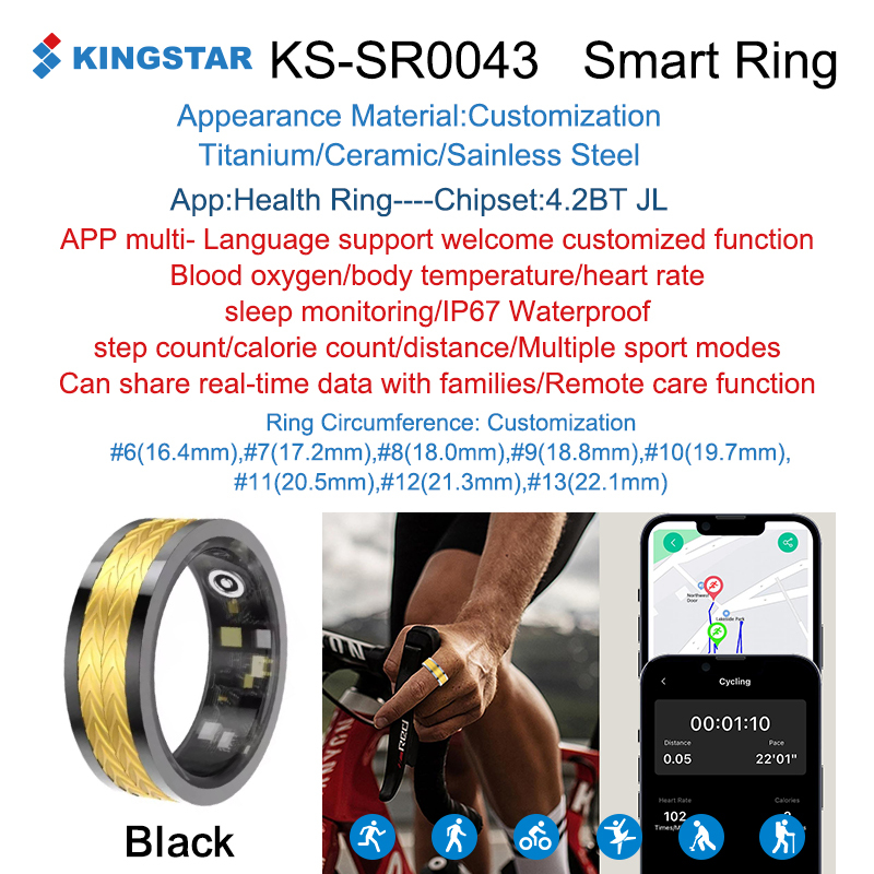 สีดำ- Kingstar- SR0043-AI สุขภาพ-การนอนหลับ-ฟิตเนส-แหวนอัจฉริยะ