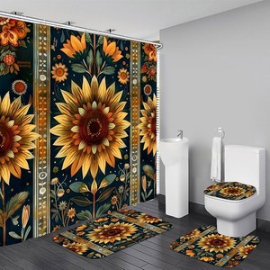 Juego <span class=keywords><strong>de</strong></span> Baño <span class=keywords><strong>de</strong></span> Cuatro Piezas Estilo Bohemio Vintage con Diseño Floral <span class=keywords><strong>de</strong></span> Girasol, Cortina <span class=keywords><strong>de</strong></span> Ducha <span class=keywords><strong>de</strong></span> Poliéster, Tapete <span class=keywords><strong>de</strong></span> Piso y Funda para Asiento <span class=keywords><strong>de</strong></span> Inodoro - Product Image 1