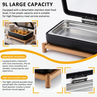 Ensemble de réchauds de buffet de luxe en acier inoxydable avec base en bois pour usage commercial en restaurant et hôtel