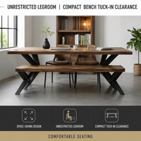 Table de salle à manger avec plateau en bois épais et pieds en métal croisés, style industriel pour usage domestique