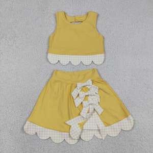 ชุดเด็กผู้หญิง GSD3324 rts Little Active Girl สีเหลืองลายตารางหมากรุก แต่งขอบหยัก ชุดขายส่ง เสื้อแขนกุด กระโปรง ชุดโยคะ - Product Image 5