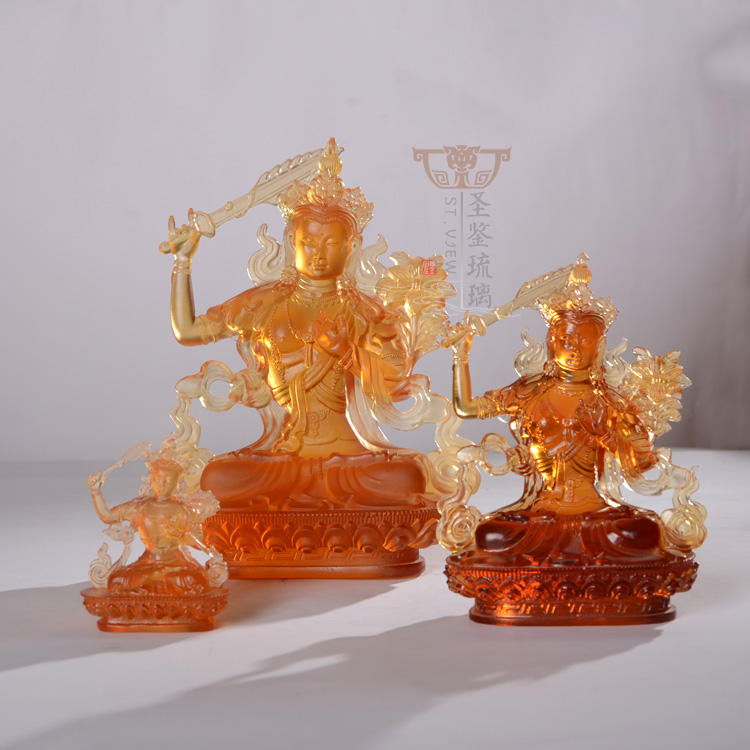 Factory Wholesale Crystal Liuli Tibetan Buddhism Statue Manjusri Bodhisattva Figurine H12cm/H17cm/H2