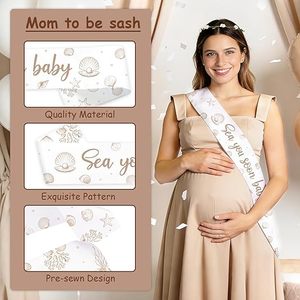Decorazioni per Baby Shower 'Ci Vediamo Presto', Fascia con Conchiglie Bianche, Corona Floreale, Distintivi 'Future Mamma' e 'Future Papà' per Festa del Bambino - Product Image 3