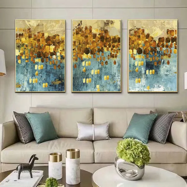 abstract golden and blue color leaves canvas painting modern framed picture prints wall art