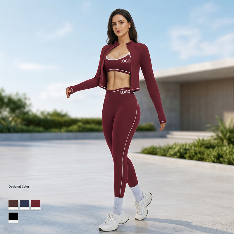 3 Piece Women Yoga Sets Zip up Crop Jacket Stretch Leggings and Sports Bra Custom Logo Available
