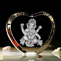 Statues de Ganesh en gravure laser 3D, base en verre cristal en forme de cœur avec lumière LED pour cadeaux religieux