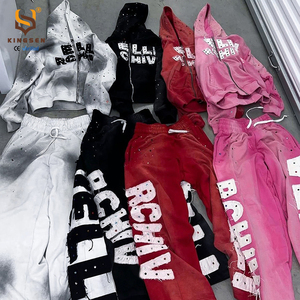 ชุดเซ็ตเสื้อฮู้ดดี้หนานุ่มและกางเกงวอร์มผ้าเฟรนช์เทอร์รี่ทรงสตรีทแวร์สำหรับผู้ชาย ลวดลายปักแบบวินเทจ ซักย้อมสีแบบแอซิดวอช - Product Image 5