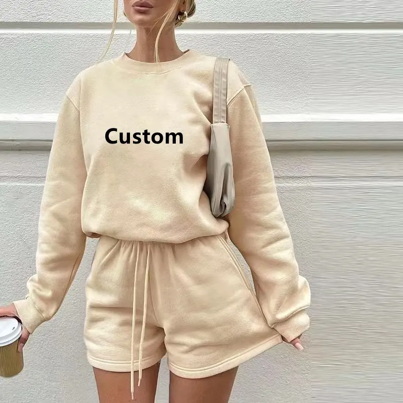 Drop shoulder pullover crewneck sweatshirt women 2 piece women short set clothing 2022 cotton jogger set long sleeve