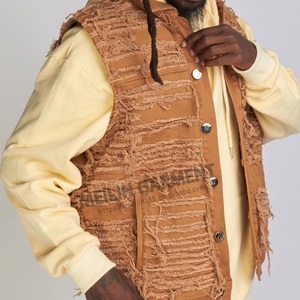 Custom Slim Fit Retro Streetwear <b>Denim</b> <b>Vest</b> Cut and Sew Allover Distressed <b>Vest</b> Jean <b>Jacket</b> for Men - Product Image 2