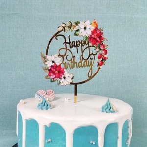 ชุดตกแต่งเค้กอะคริลิคสีทองลายดอกไม้สำหรับวันเกิด ขายส่ง - Product Image 3