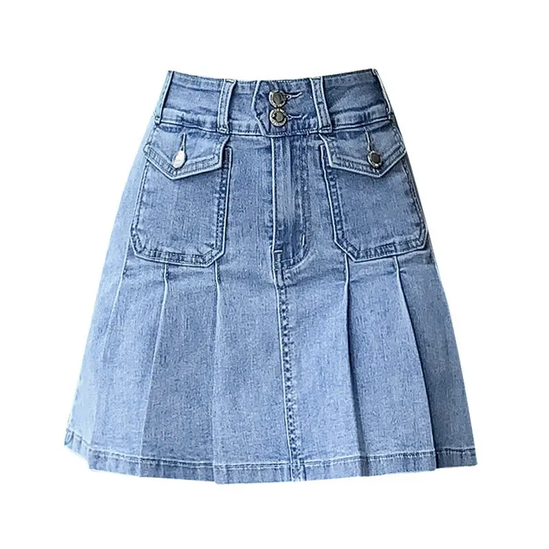 Venta al por mayor Vintage Y2K Mini faldas de mezclilla con bolsillos con solapa para las mujeres Grunge Punk plisado Falda corta de mezclilla
