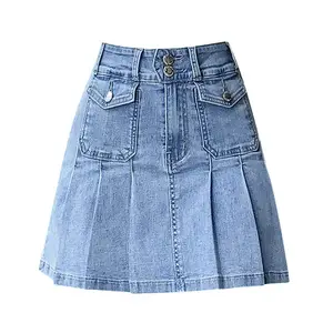 Wholesale Vintage Y2K Mini Denim Skirts With Flap Pockets For Women Grunge Punk Pleated Short Jean Skirt