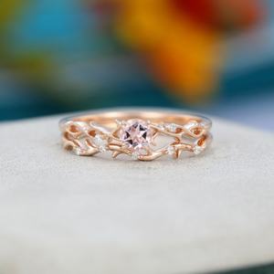 Anillo de Compromiso de Morganita con Corte Redondo, Juego de 2 Piezas, Estilo Vintage Único, Anillo de Compromiso de Oro Rosa con Diseño de Rama, Gran Venta - Product Image 1