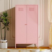 Armoire moderne pour enfants avec étagères réglables, tringle de suspension, 2 portes, en métal rose, pour le salon
